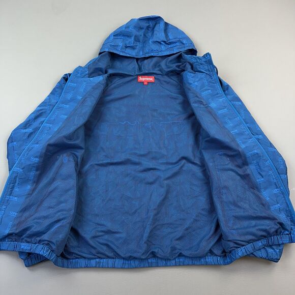 Supreme Jacket Mens Small Blue Jacquard Hooded Full Zip Windbreaker Mesh Lined - Picture 5 of 16